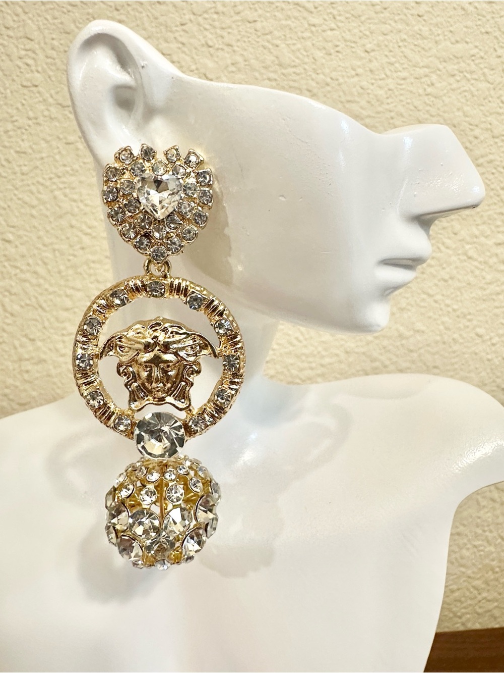 Gold Plated Crystal Drop Medusa Motif Statement Earrings - (Moderate Weight)